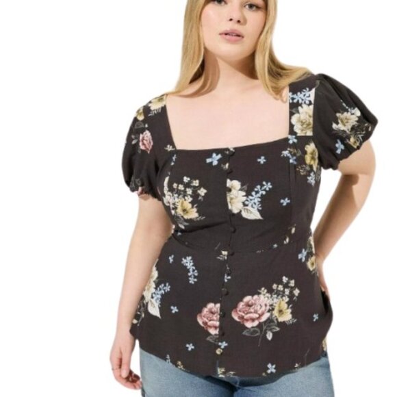 Torrid Womens Peplum Challis Top Gray Adrianne Floral Puff Sleeves Plus 4X - Picture 1 of 5